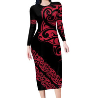 All Black Maori Tribal Tattoo Personalised Family Matching Long Sleeve Bodycon Dress and Hawaiian Shirt Classic Red Polynesian Style LT9 Mom's Dress Red - Polynesian Pride