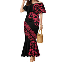 All Black Maori Tribal Tattoo Personalised Family Matching Mermaid Dress and Hawaiian Shirt Classic Red Polynesian Style LT9 Mom's Dress Red - Polynesian Pride