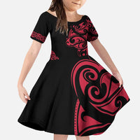 All Black Maori Tribal Tattoo Personalised Family Matching Off Shoulder Maxi Dress and Hawaiian Shirt Classic Red Polynesian Style LT9 Daughter's Dress Red - Polynesian Pride