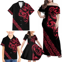 All Black Maori Tribal Tattoo Personalised Family Matching Off Shoulder Maxi Dress and Hawaiian Shirt Classic Red Polynesian Style LT9 - Polynesian Pride