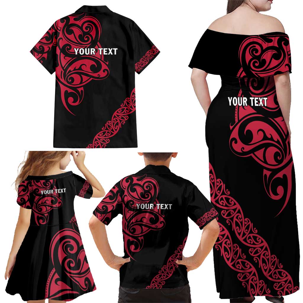 All Black Maori Tribal Tattoo Personalised Family Matching Off Shoulder Maxi Dress and Hawaiian Shirt Classic Red Polynesian Style LT9 - Polynesian Pride