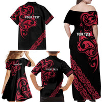 All Black Maori Tribal Tattoo Personalised Family Matching Off Shoulder Maxi Dress and Hawaiian Shirt Classic Red Polynesian Style LT9 - Polynesian Pride
