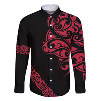 All Black Maori Tribal Tattoo Personalised Family Matching Off Shoulder Maxi Dress and Hawaiian Shirt Classic Red Polynesian Style LT9 Dad's Shirt - Long Sleeve Red - Polynesian Pride