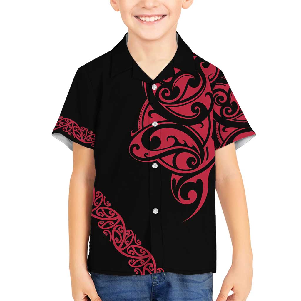 All Black Maori Tribal Tattoo Personalised Family Matching Off Shoulder Maxi Dress and Hawaiian Shirt Classic Red Polynesian Style LT9 Son's Shirt Red - Polynesian Pride