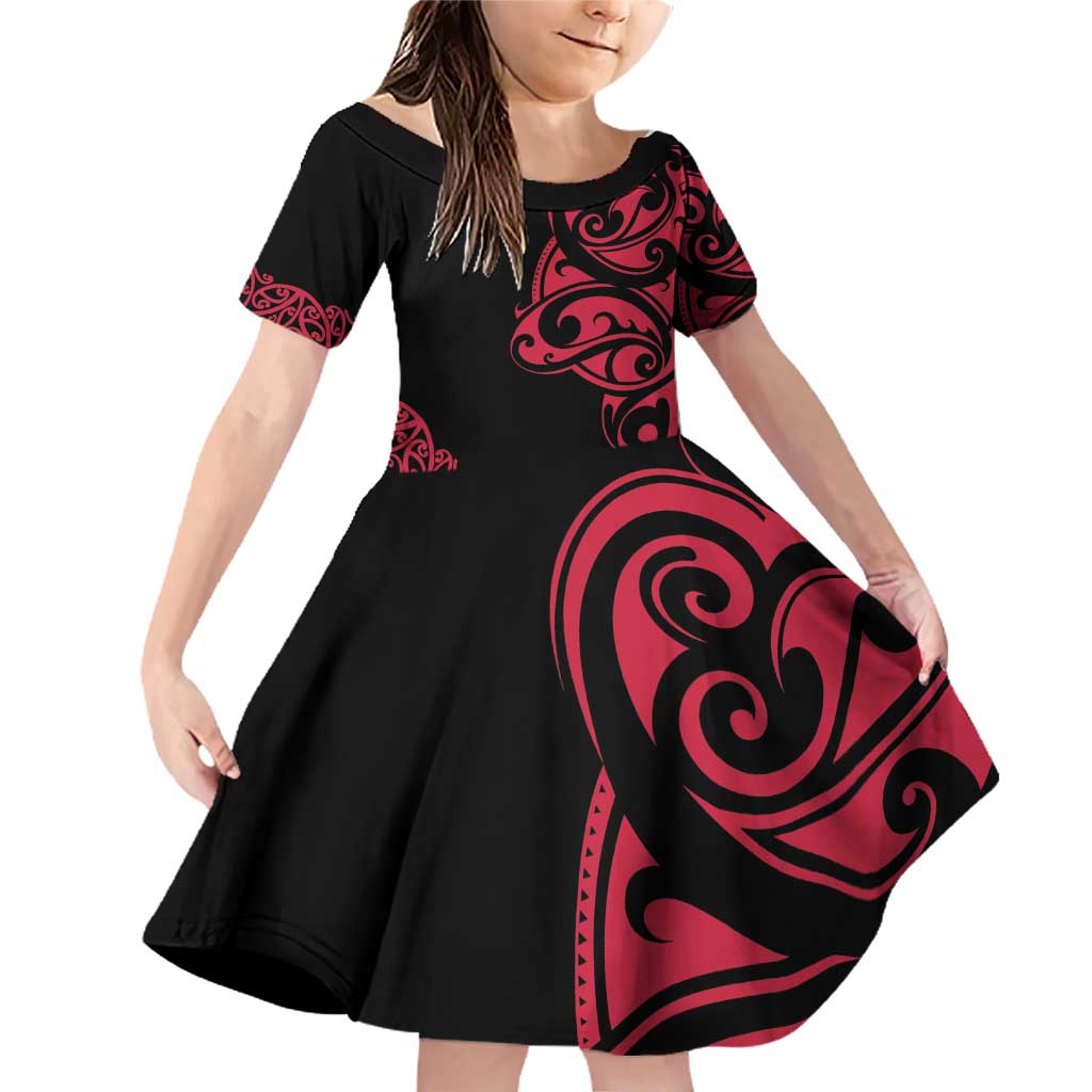 All Black Maori Tribal Tattoo Personalised Family Matching Off Shoulder Short Dress and Hawaiian Shirt Classic Red Polynesian Style LT9 Daughter's Dress Red - Polynesian Pride