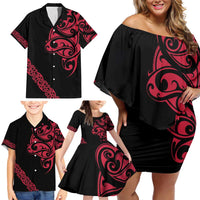 All Black Maori Tribal Tattoo Personalised Family Matching Off Shoulder Short Dress and Hawaiian Shirt Classic Red Polynesian Style LT9 - Polynesian Pride