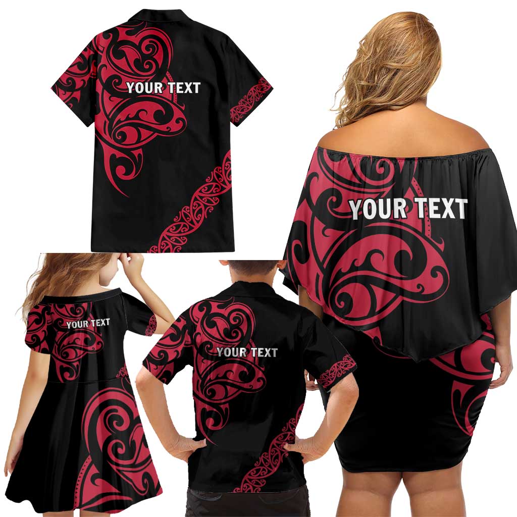 All Black Maori Tribal Tattoo Personalised Family Matching Off Shoulder Short Dress and Hawaiian Shirt Classic Red Polynesian Style LT9 - Polynesian Pride