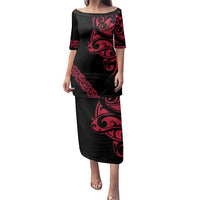 All Black Maori Tribal Tattoo Personalised Family Matching Puletasi and Hawaiian Shirt Classic Red Polynesian Style - Polynesian Pride