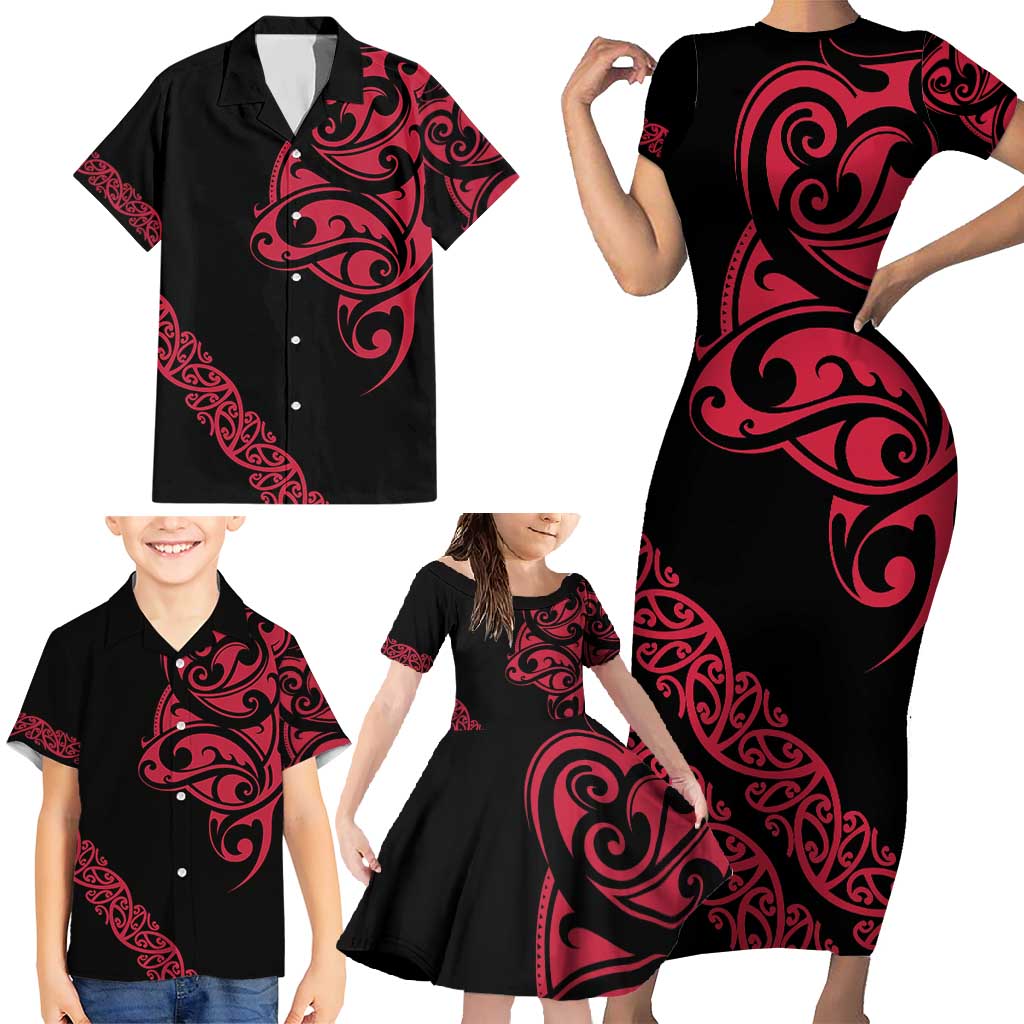 All Black Maori Tribal Tattoo Personalised Family Matching Short Sleeve Bodycon Dress and Hawaiian Shirt Classic Red Polynesian Style LT9 - Polynesian Pride