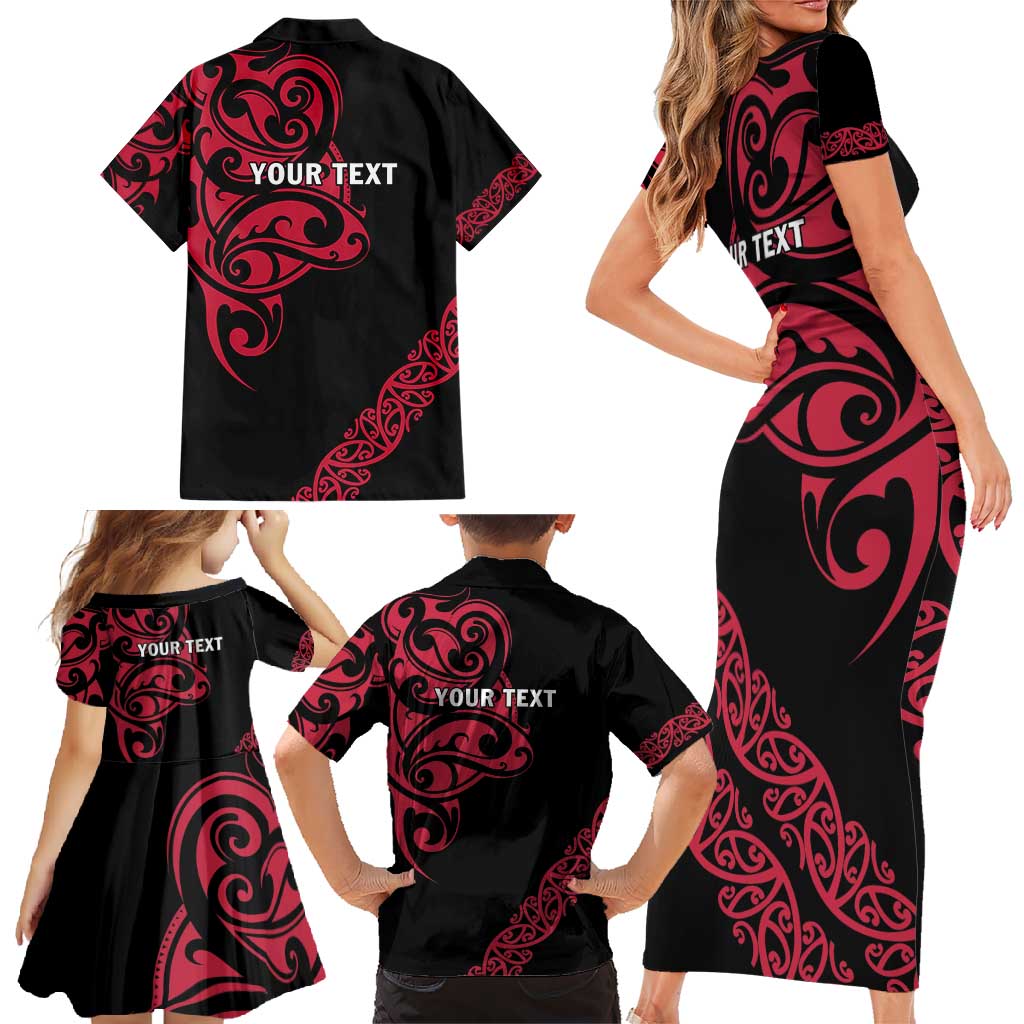 All Black Maori Tribal Tattoo Personalised Family Matching Short Sleeve Bodycon Dress and Hawaiian Shirt Classic Red Polynesian Style LT9 - Polynesian Pride