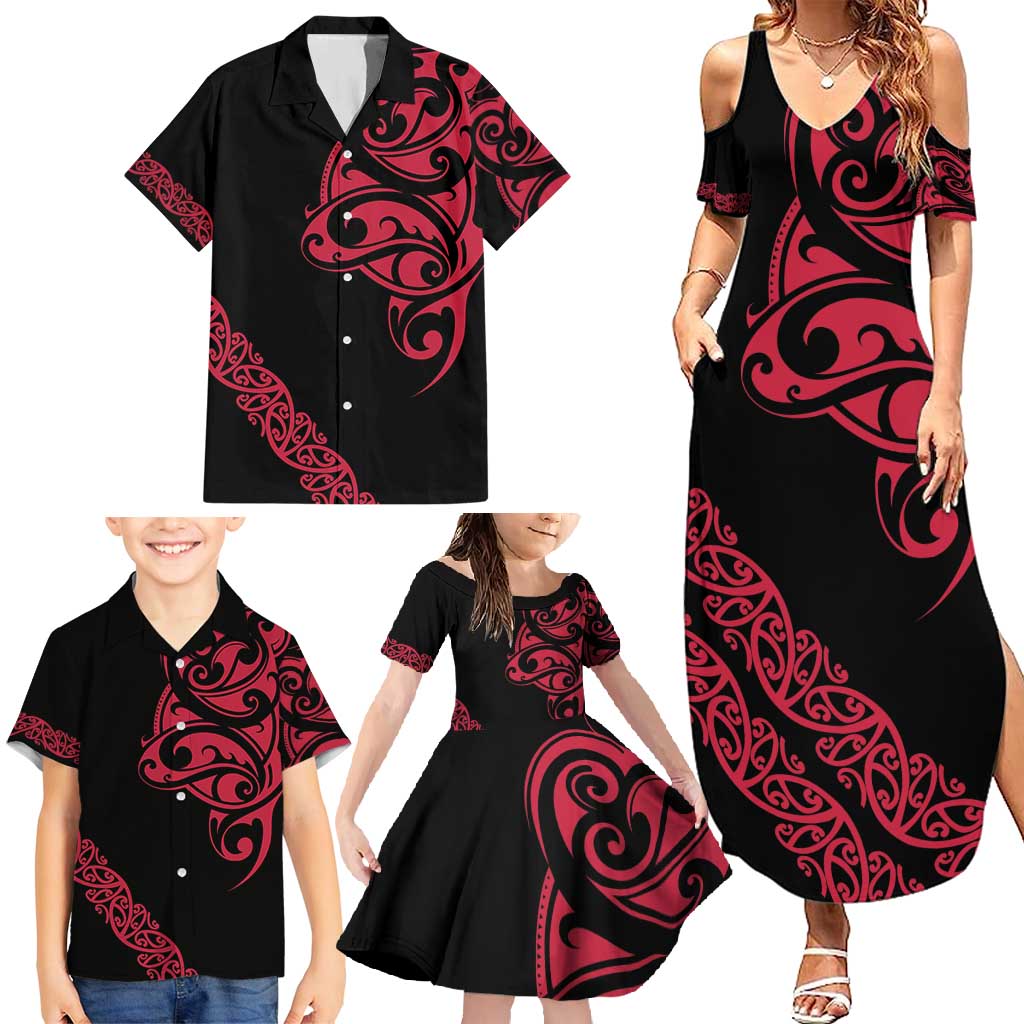 All Black Maori Tribal Tattoo Personalised Family Matching Summer Maxi Dress and Hawaiian Shirt Classic Red Polynesian Style LT9 - Polynesian Pride