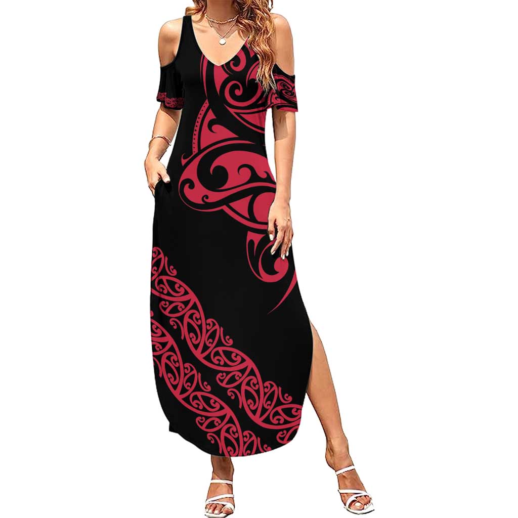 All Black Maori Tribal Tattoo Personalised Family Matching Summer Maxi Dress and Hawaiian Shirt Classic Red Polynesian Style LT9 Mom's Dress Red - Polynesian Pride
