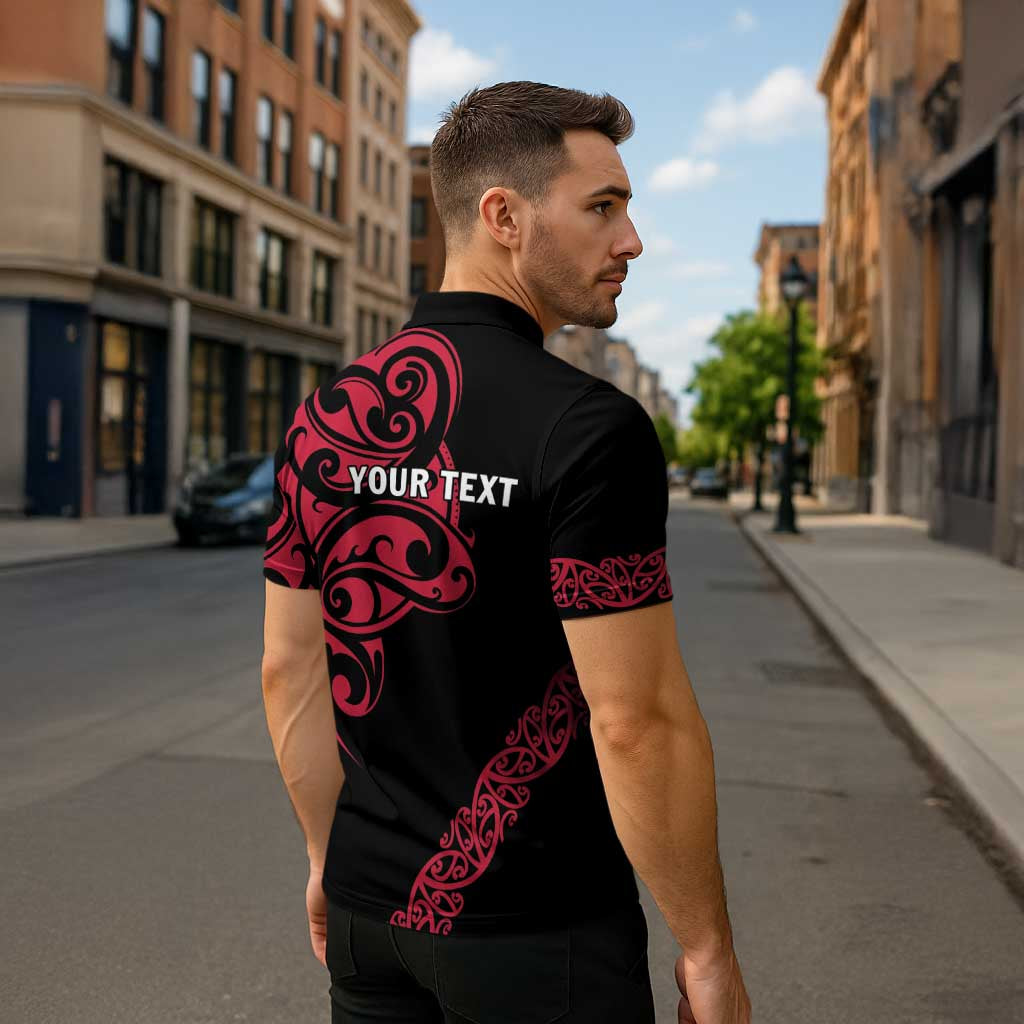 All Black Maori Tribal Tattoo Personalised Zipper Polo Shirt Classic Red Polynesian Style - Polynesian Pride