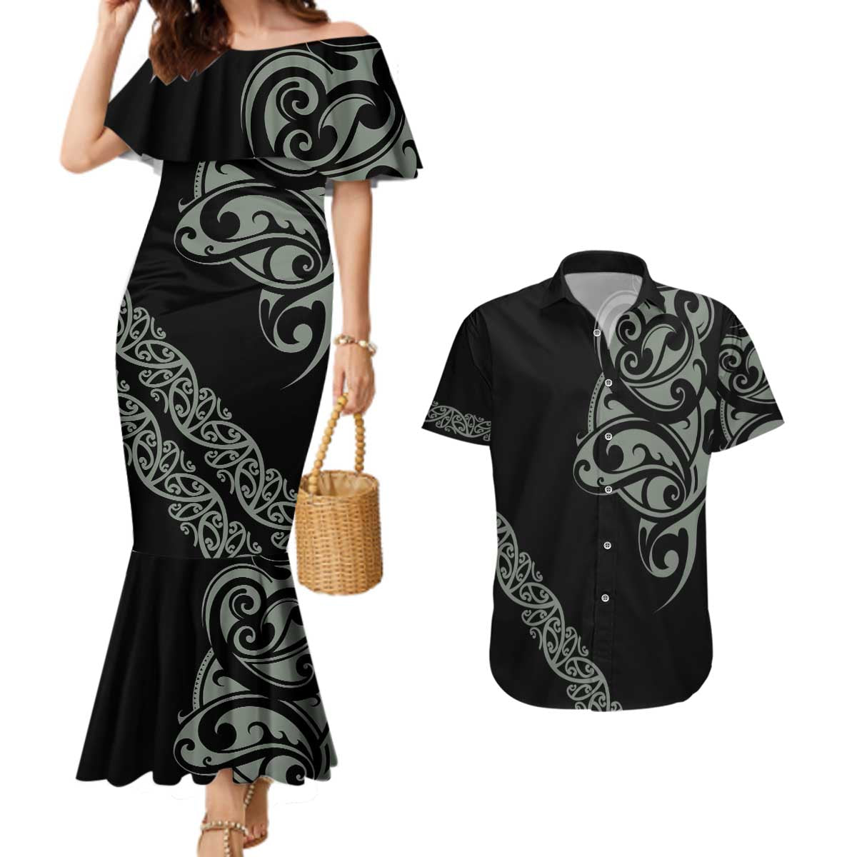 All Black Maori Tribal Tattoo Personalised Couples Matching Mermaid Dress and Hawaiian Shirt Moss Green Polynesian Style - Polynesian Pride