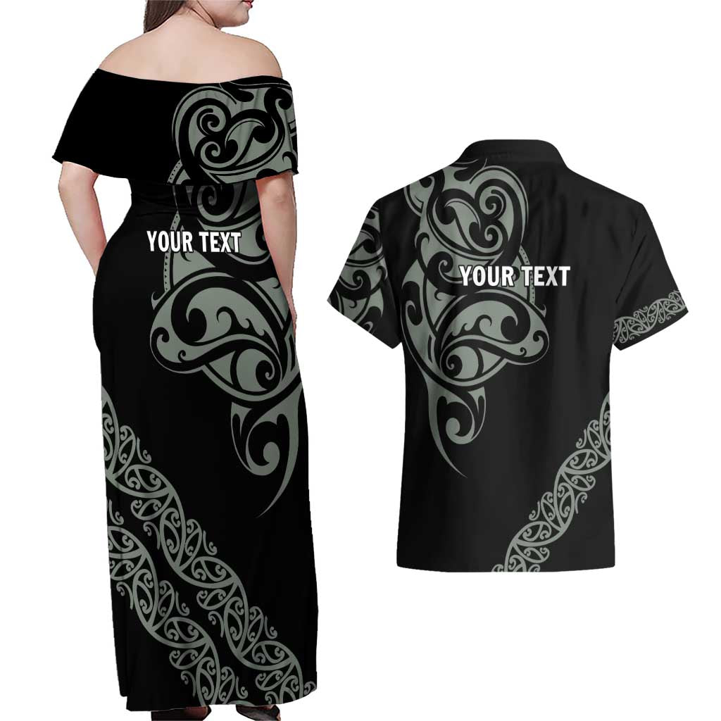All Black Maori Tribal Tattoo Personalised Couples Matching Off Shoulder Maxi Dress and Hawaiian Shirt Moss Green Polynesian Style - Polynesian Pride