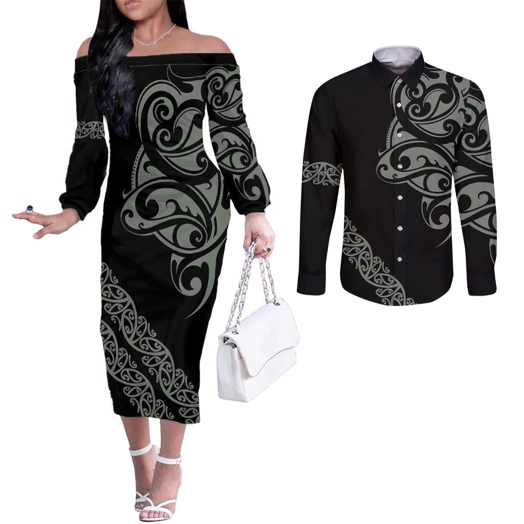 All Black Maori Tribal Tattoo Personalised Couples Matching Off The Shoulder Long Sleeve Dress and Long Sleeve Button Shirt Moss Green Polynesian Style - Polynesian Pride