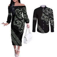 All Black Maori Tribal Tattoo Personalised Couples Matching Off The Shoulder Long Sleeve Dress and Long Sleeve Button Shirt Moss Green Polynesian Style - Polynesian Pride