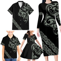 All Black Maori Tribal Tattoo Personalised Family Matching Long Sleeve Bodycon Dress and Hawaiian Shirt Moss Green Polynesian Style LT9 - Polynesian Pride