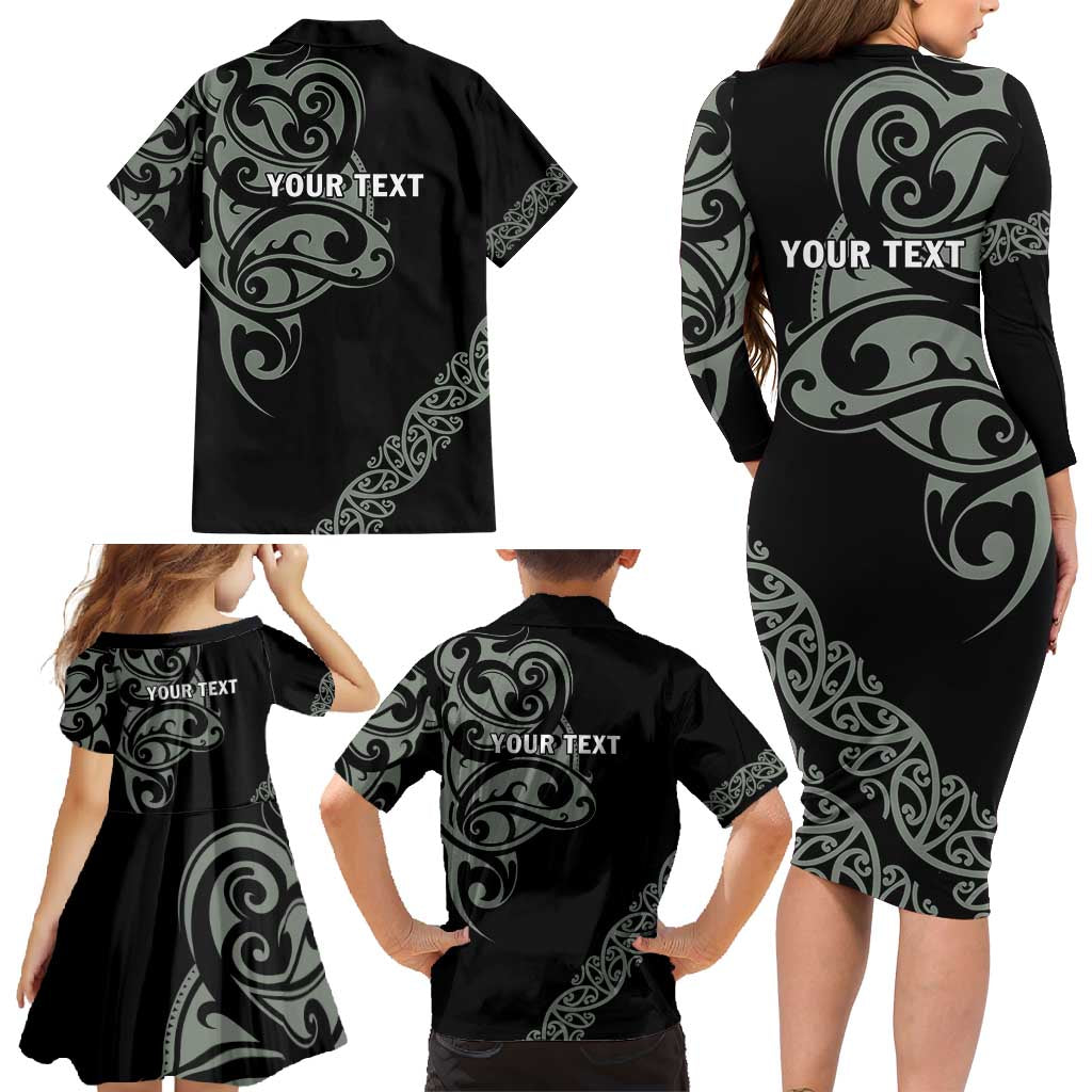 All Black Maori Tribal Tattoo Personalised Family Matching Long Sleeve Bodycon Dress and Hawaiian Shirt Moss Green Polynesian Style LT9 - Polynesian Pride
