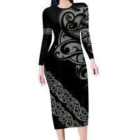 All Black Maori Tribal Tattoo Personalised Family Matching Long Sleeve Bodycon Dress and Hawaiian Shirt Moss Green Polynesian Style LT9 Mom's Dress Green - Polynesian Pride