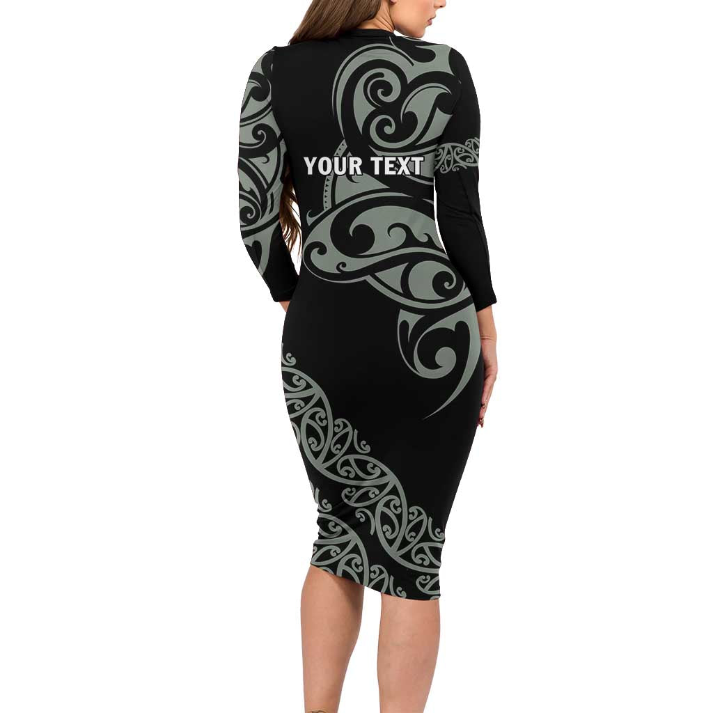 All Black Maori Tribal Tattoo Personalised Family Matching Long Sleeve Bodycon Dress and Hawaiian Shirt Moss Green Polynesian Style LT9 - Polynesian Pride