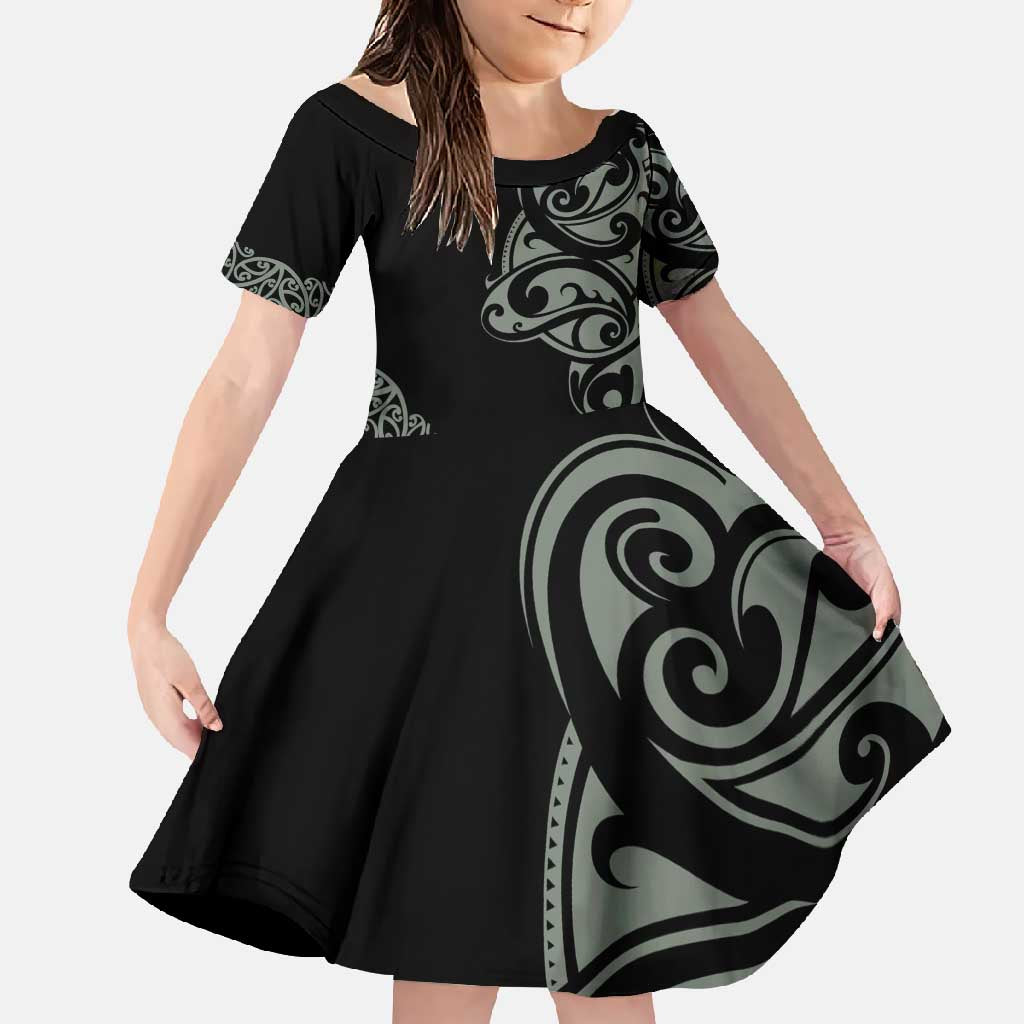 All Black Maori Tribal Tattoo Personalised Family Matching Mermaid Dress and Hawaiian Shirt Moss Green Polynesian Style LT9 Daughter's Dress Green - Polynesian Pride