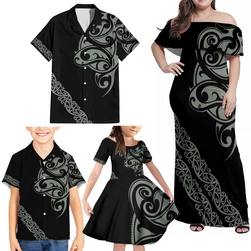 All Black Maori Tribal Tattoo Personalised Family Matching Off Shoulder Maxi Dress and Hawaiian Shirt Moss Green Polynesian Style - Polynesian Pride