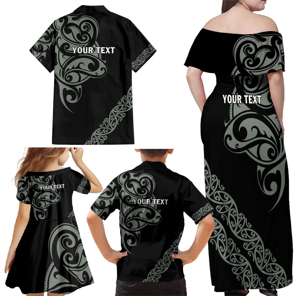 All Black Maori Tribal Tattoo Personalised Family Matching Off Shoulder Maxi Dress and Hawaiian Shirt Moss Green Polynesian Style LT9 - Polynesian Pride