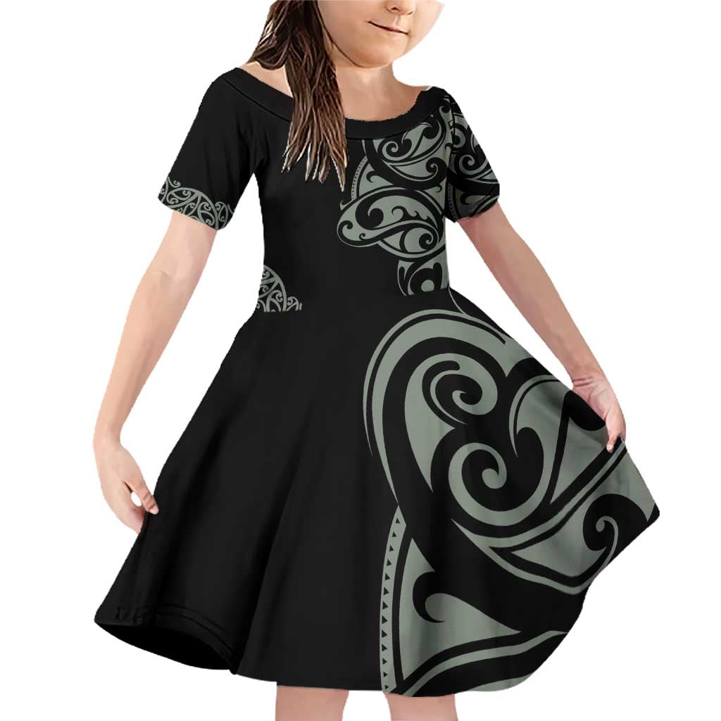 All Black Maori Tribal Tattoo Personalised Family Matching Off Shoulder Short Dress and Hawaiian Shirt Moss Green Polynesian Style LT9 Daughter's Dress Green - Polynesian Pride