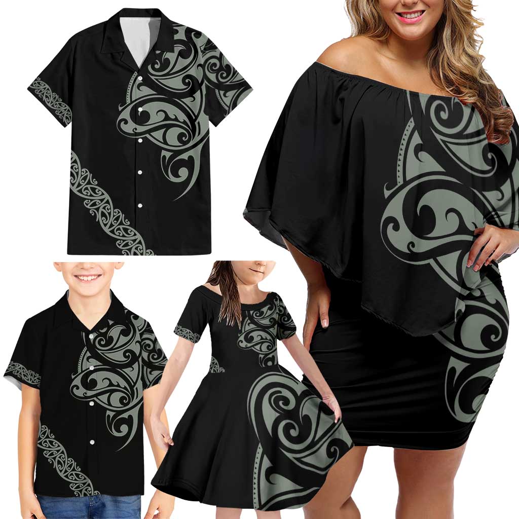 All Black Maori Tribal Tattoo Personalised Family Matching Off Shoulder Short Dress and Hawaiian Shirt Moss Green Polynesian Style LT9 - Polynesian Pride