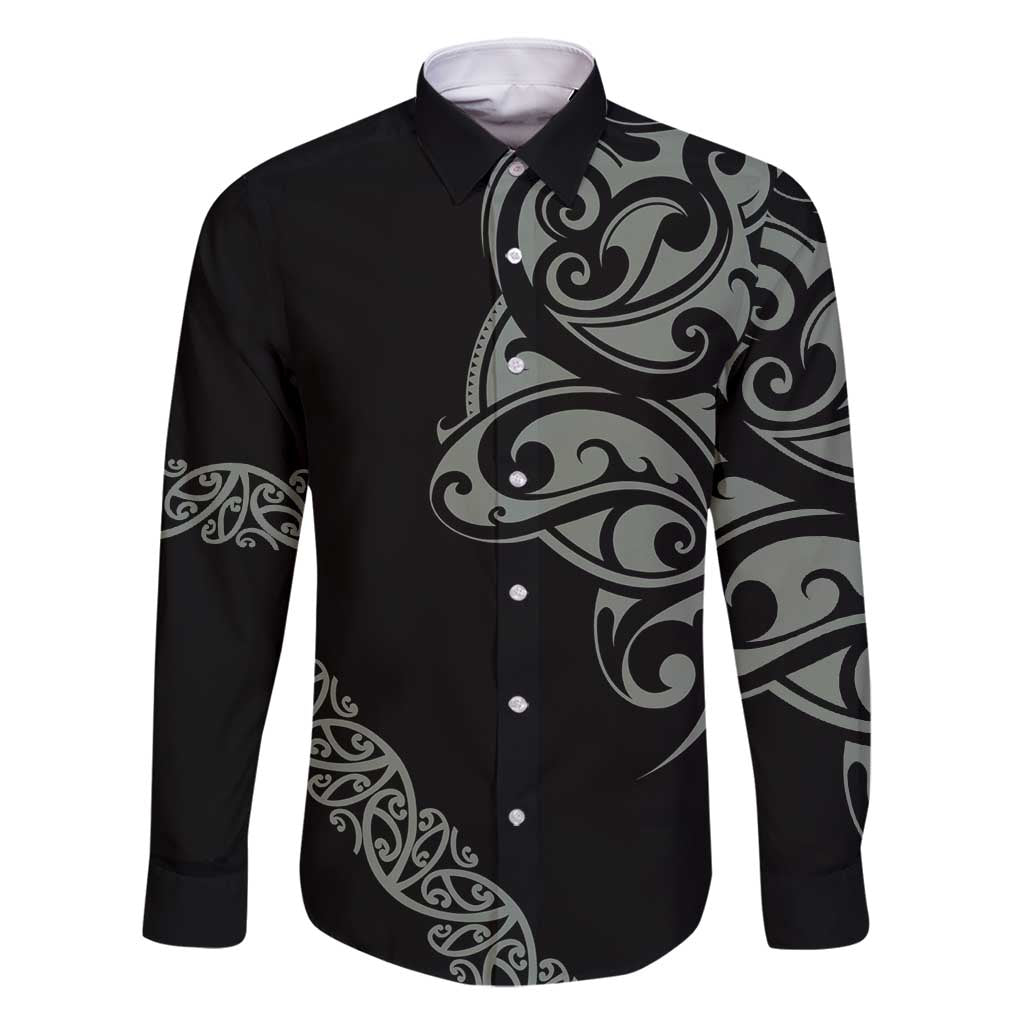 All Black Maori Tribal Tattoo Personalised Family Matching Off Shoulder Short Dress and Hawaiian Shirt Moss Green Polynesian Style LT9 Dad's Shirt - Long Sleeve Green - Polynesian Pride