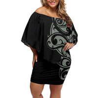 All Black Maori Tribal Tattoo Personalised Family Matching Off Shoulder Short Dress and Hawaiian Shirt Moss Green Polynesian Style LT9 Mom's Dress Green - Polynesian Pride