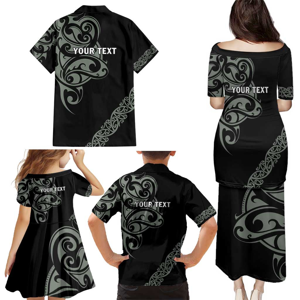 All Black Maori Tribal Tattoo Personalised Family Matching Puletasi and Hawaiian Shirt Moss Green Polynesian Style - Polynesian Pride