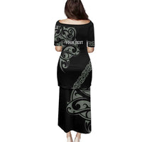 All Black Maori Tribal Tattoo Personalised Family Matching Puletasi and Hawaiian Shirt Moss Green Polynesian Style - Polynesian Pride