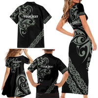 All Black Maori Tribal Tattoo Personalised Family Matching Short Sleeve Bodycon Dress and Hawaiian Shirt Moss Green Polynesian Style LT9 - Polynesian Pride