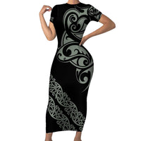 All Black Maori Tribal Tattoo Personalised Family Matching Short Sleeve Bodycon Dress and Hawaiian Shirt Moss Green Polynesian Style LT9 Mom's Dress Green - Polynesian Pride