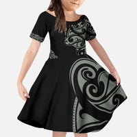 All Black Maori Tribal Tattoo Personalised Family Matching Tank Maxi Dress and Hawaiian Shirt Moss Green Polynesian Style LT9 Daughter's Dress Green - Polynesian Pride