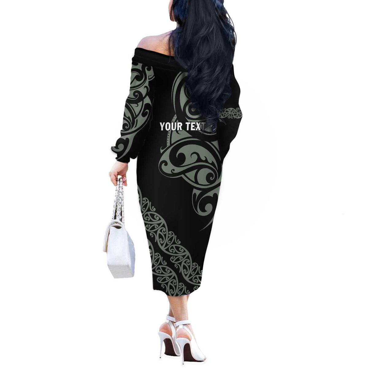 All Black Maori Tribal Tattoo Personalised Off The Shoulder Long Sleeve Dress Moss Green Polynesian Style - Polynesian Pride