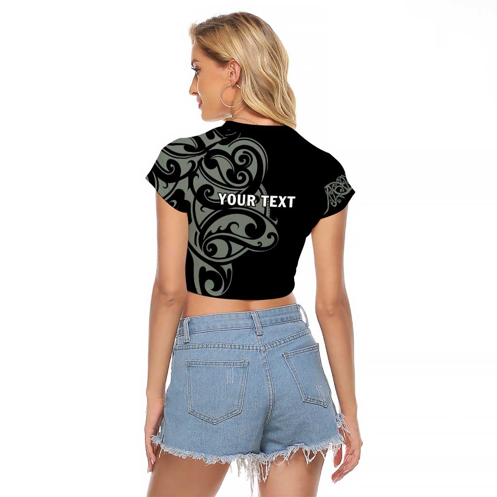 All Black Maori Tribal Tattoo Personalised Raglan Cropped T Shirt Moss Green Polynesian Style - Polynesian Pride