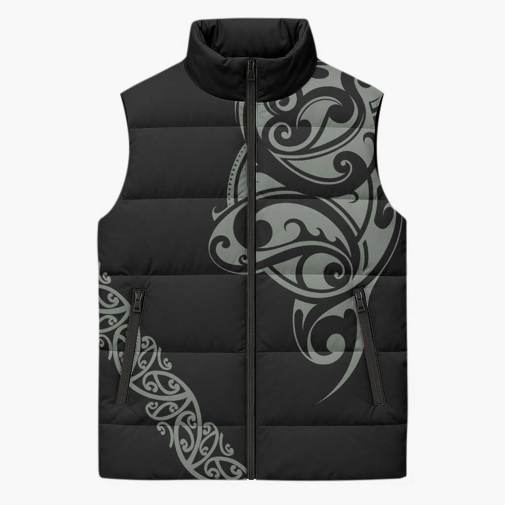 All Black Maori Tribal Tattoo Personalised Sleeveless Puffer Jacket Moss Green Polynesian Style - Polynesian Pride
