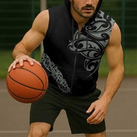 All Black Maori Tribal Tattoo Personalised Sleeveless Zip Hoodie Moss Green Polynesian Style LT9