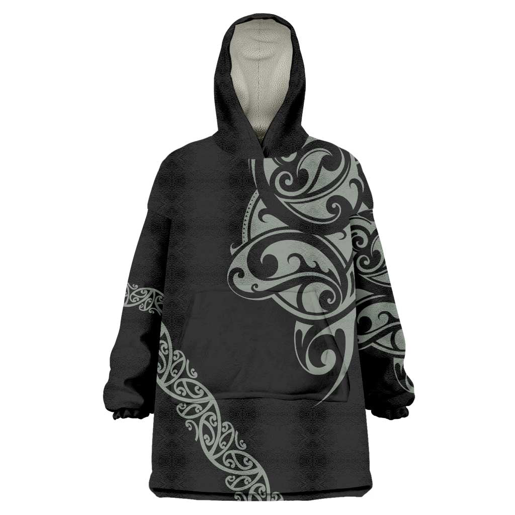 All Black Maori Tribal Tattoo Personalised Wearable Blanket Hoodie Moss Green Polynesian Style - Polynesian Pride