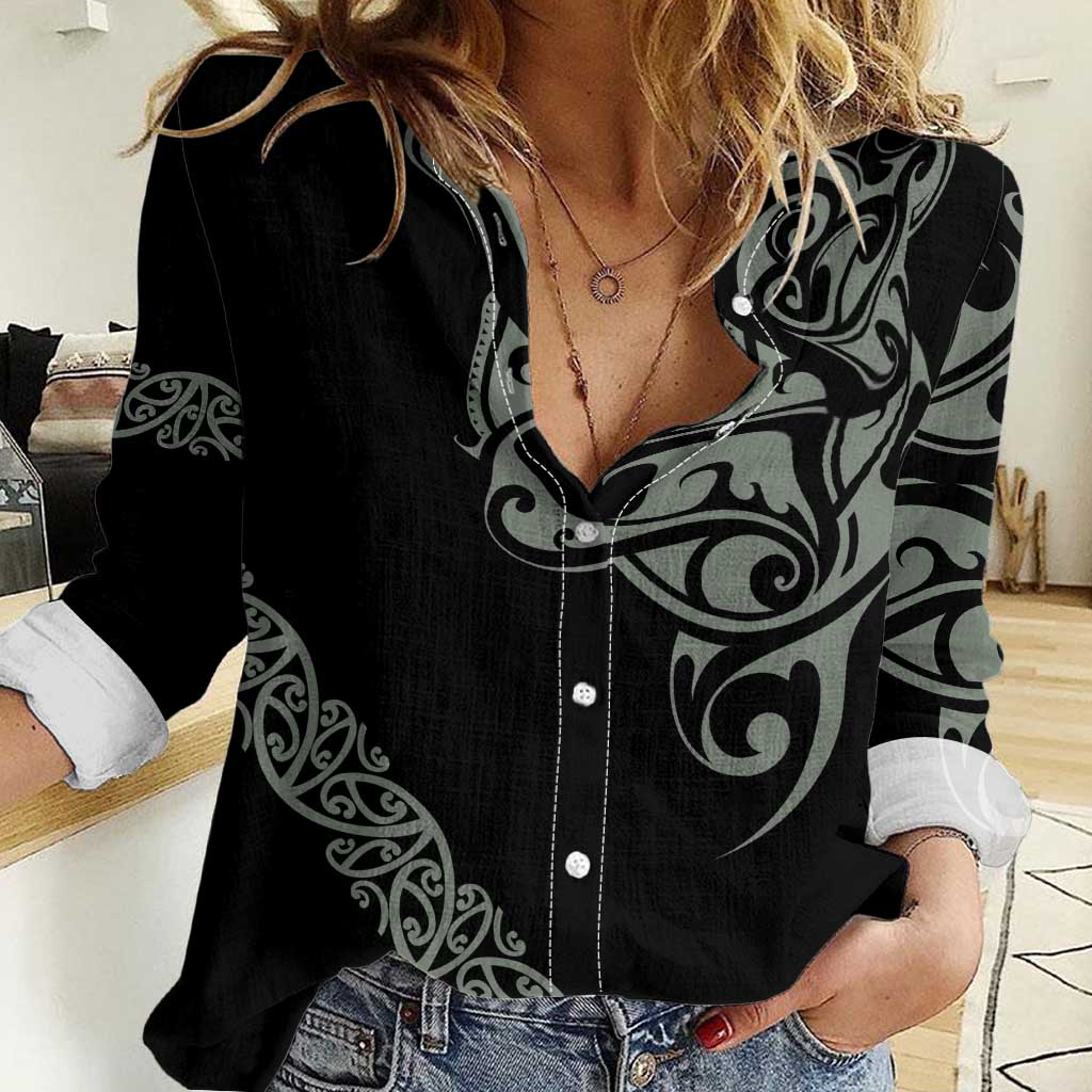 All Black Maori Tribal Tattoo Personalised Women Casual Shirt Moss Green Polynesian Style - Polynesian Pride