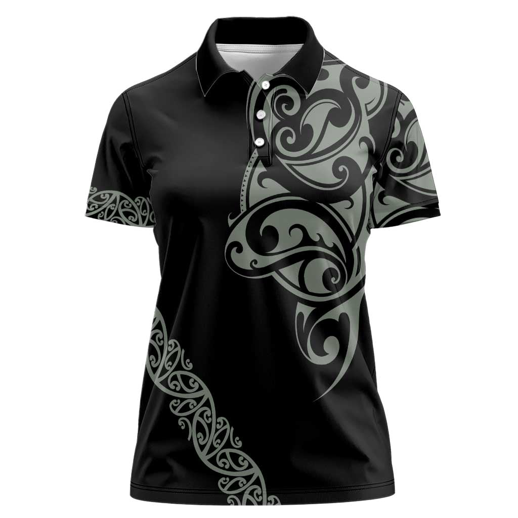 All Black Maori Tribal Tattoo Personalised Women Polo Shirt Moss Green Polynesian Style - Polynesian Pride
