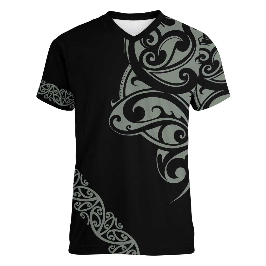 All Black Maori Tribal Tattoo Personalised Women V-Neck T-Shirt Moss Green Polynesian Style - Polynesian Pride