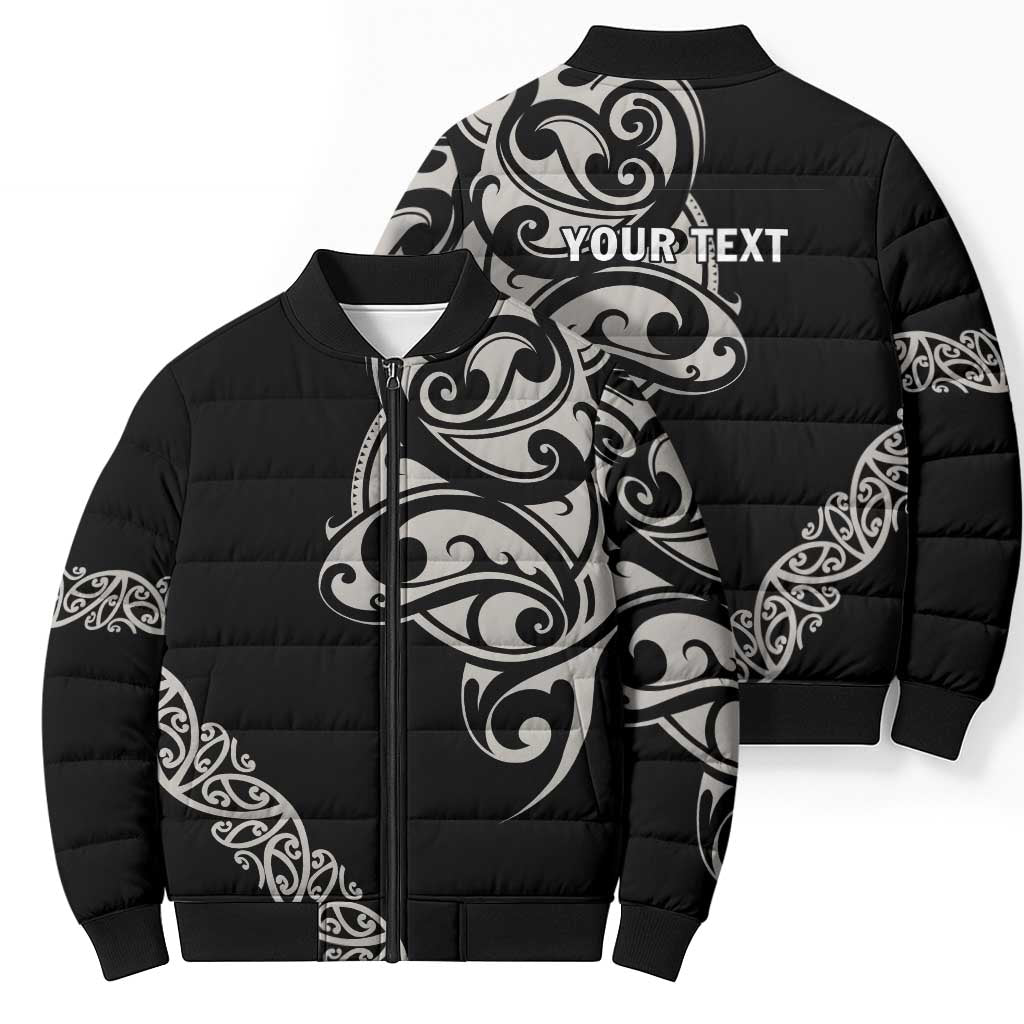 All Black Maori Tribal Tattoo Personalised Bomber Puffer Jacket Stone Gray Polynesian Style - Polynesian Pride