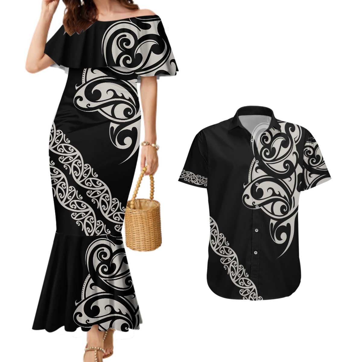 All Black Maori Tribal Tattoo Personalised Couples Matching Mermaid Dress and Hawaiian Shirt Stone Gray Polynesian Style LT9 Gray - Polynesian Pride