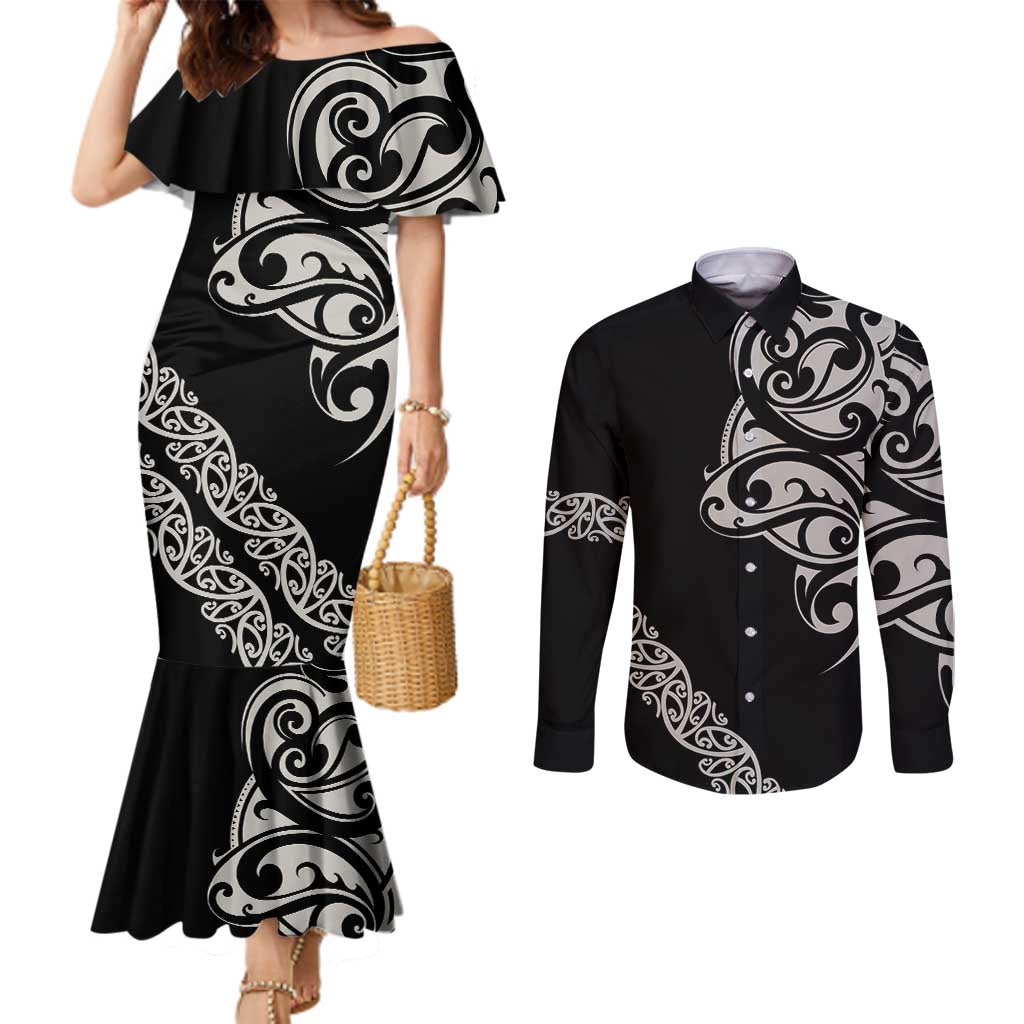 All Black Maori Tribal Tattoo Personalised Couples Matching Mermaid Dress and Long Sleeve Button Shirt Stone Gray Polynesian Style - Polynesian Pride