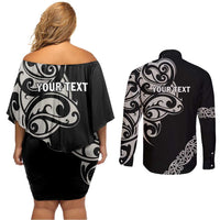 All Black Maori Tribal Tattoo Personalised Couples Matching Off Shoulder Short Dress and Long Sleeve Button Shirt Stone Gray Polynesian Style - Polynesian Pride