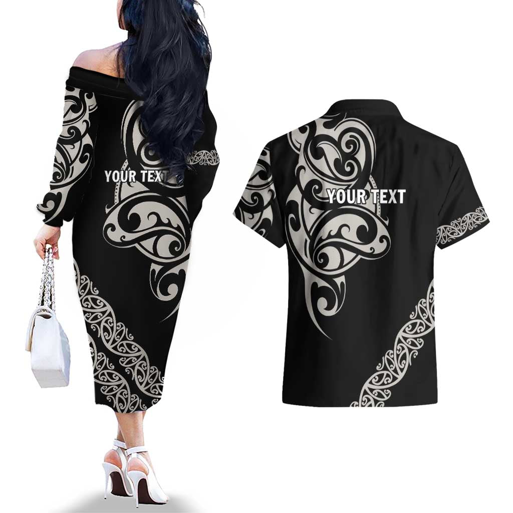 All Black Maori Tribal Tattoo Personalised Couples Matching Off The Shoulder Long Sleeve Dress and Hawaiian Shirt Stone Gray Polynesian Style - Polynesian Pride